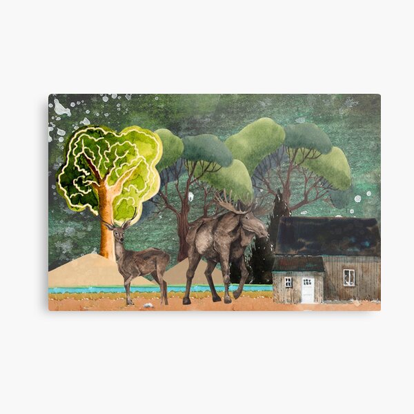 Reindeers in Forest with cottage Metal Print