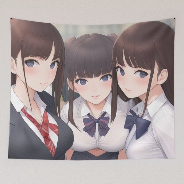Item preview, Three cute anime school girls with big boobs designed and sold by 100PercentOtaku.