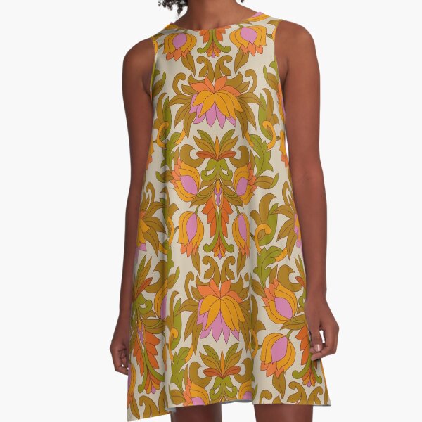 Item preview, Orange, Pink Flowers and Green Leaves 1960s Retro Vintage Pattern designed and sold by Eyestigmatic.