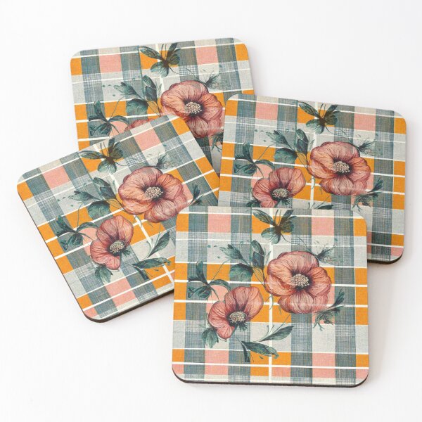 Item preview, Large flower blooms in muted colors on a plaid background. designed and sold by liana campbell.