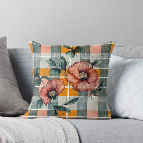Item preview, Large flower blooms in muted colors on a plaid background. designed and sold by liana campbell.