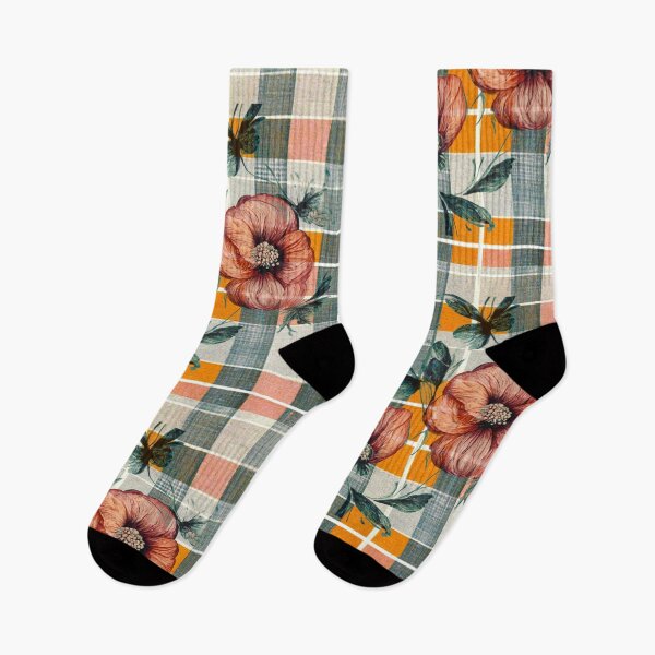 Item preview, Large flower blooms in muted colors on a plaid background. designed and sold by liana campbell.