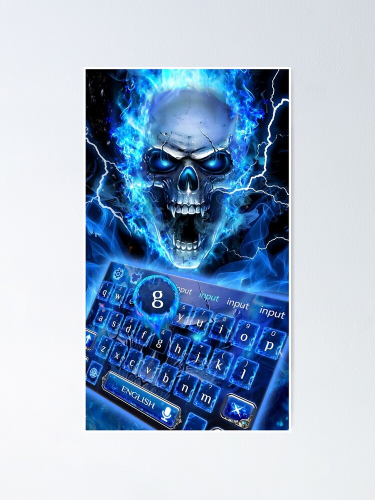 "Awesome evil blue flaming skull next to a keyboard with the “g” key