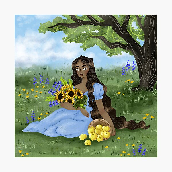 Summer Girl with flowers and apples sitting on a field Photographic Print