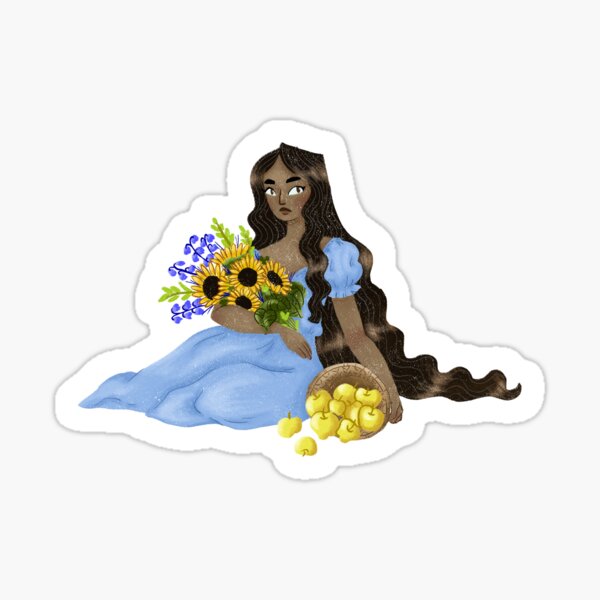 Summer Girl with flowers and apples sitting on a field Sticker