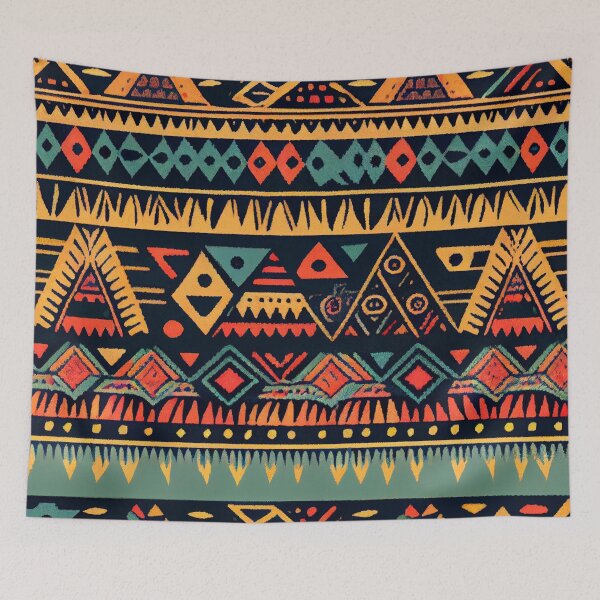 Aperçu de l'œuvre Vintage Native Tribal Aesthetic Orange Red and Blue Pattern Print Digital Painting créée et vendue par CodeAndColors.