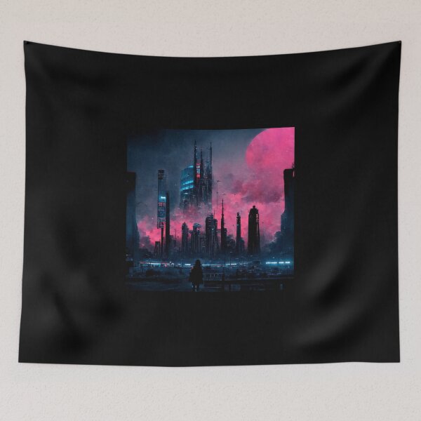 Item preview, Girl Silhouette Looking At Futuristic City At Night (Neo Noir Blade Runner Theme Cityscape Vaporwave Poster) designed and sold by ZGigerBarker.
