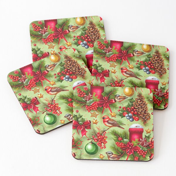 Artikelvorschau, Festive Winter Christmas Pattern with Birds and Pine Digital Painting entworfen und verkauft von CodeAndColors.