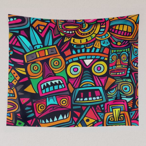 Aperçu de l'œuvre Vibrant Abstract Pop Culture Tiki Pattern Print Digital Painting créée et vendue par CodeAndColors.