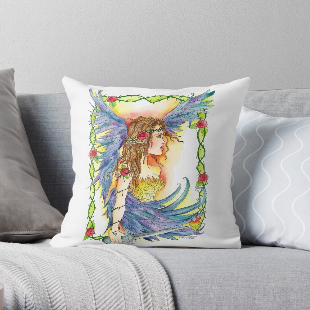 Warrior Angel with Roses Throw Pillow