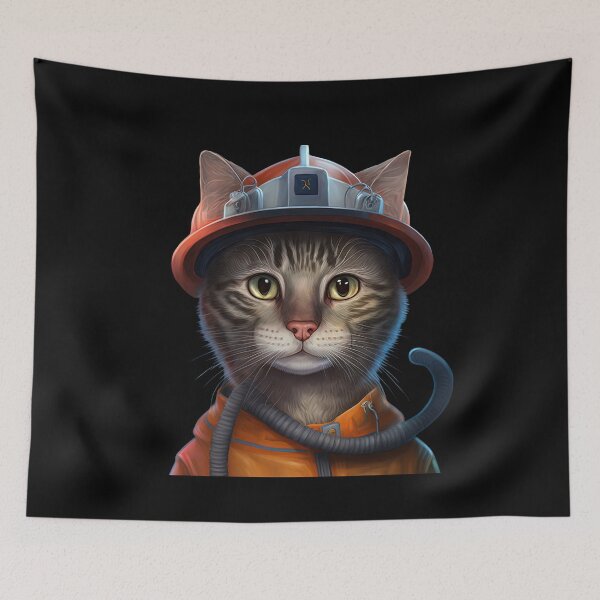 Item preview, Cat wearing fireman costume designed and sold by AnimalArtPhotos.