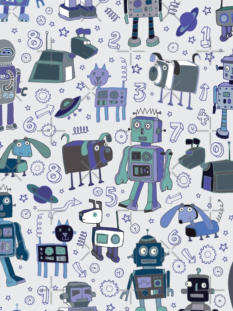 Robots in Space - blue and grey - fun pattern by a Cecca Designs by Cecca-Designs