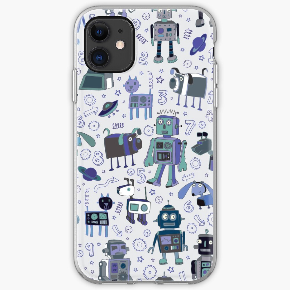 Robots in Space - blue and grey - fun pattern by a Cecca Designs iPhone Case & Cover