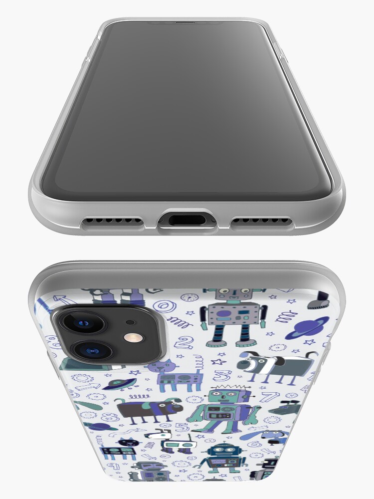 Alternate view of Robots in Space - blue and grey - fun pattern by a Cecca Designs iPhone Case & Cover