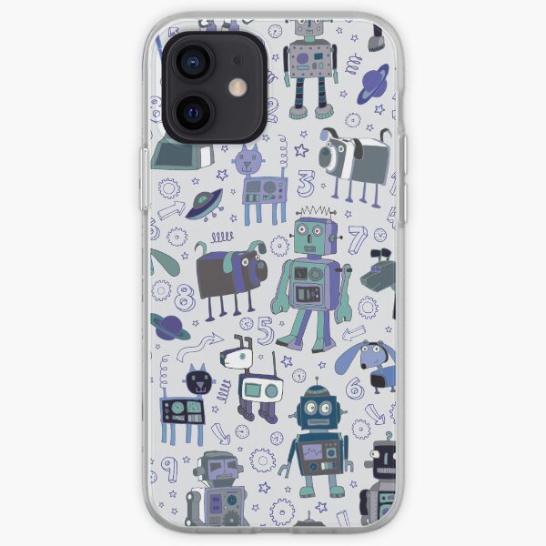 Robots in Space - blue and grey - fun pattern by a Cecca Designs iPhone Soft Case