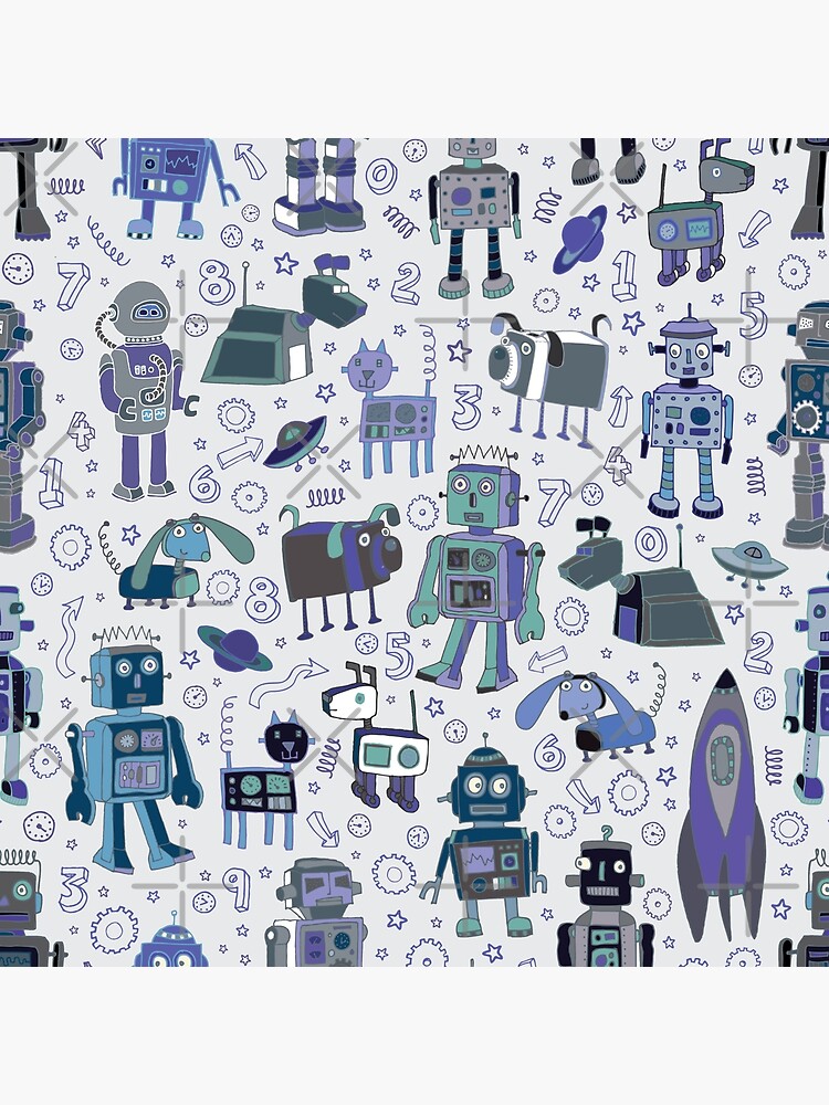 Thumbnail 4 of 4, Pillow, Robots in Space - blue and grey - fun pattern by a Cecca Designs designed and sold by Cecca-Designs.