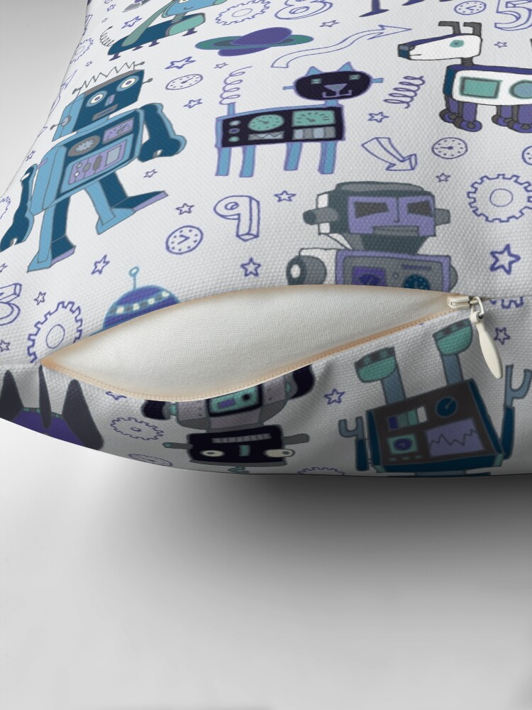 Thumbnail 2 of 4, Pillow, Robots in Space - blue and grey - fun pattern by a Cecca Designs designed and sold by Cecca-Designs.