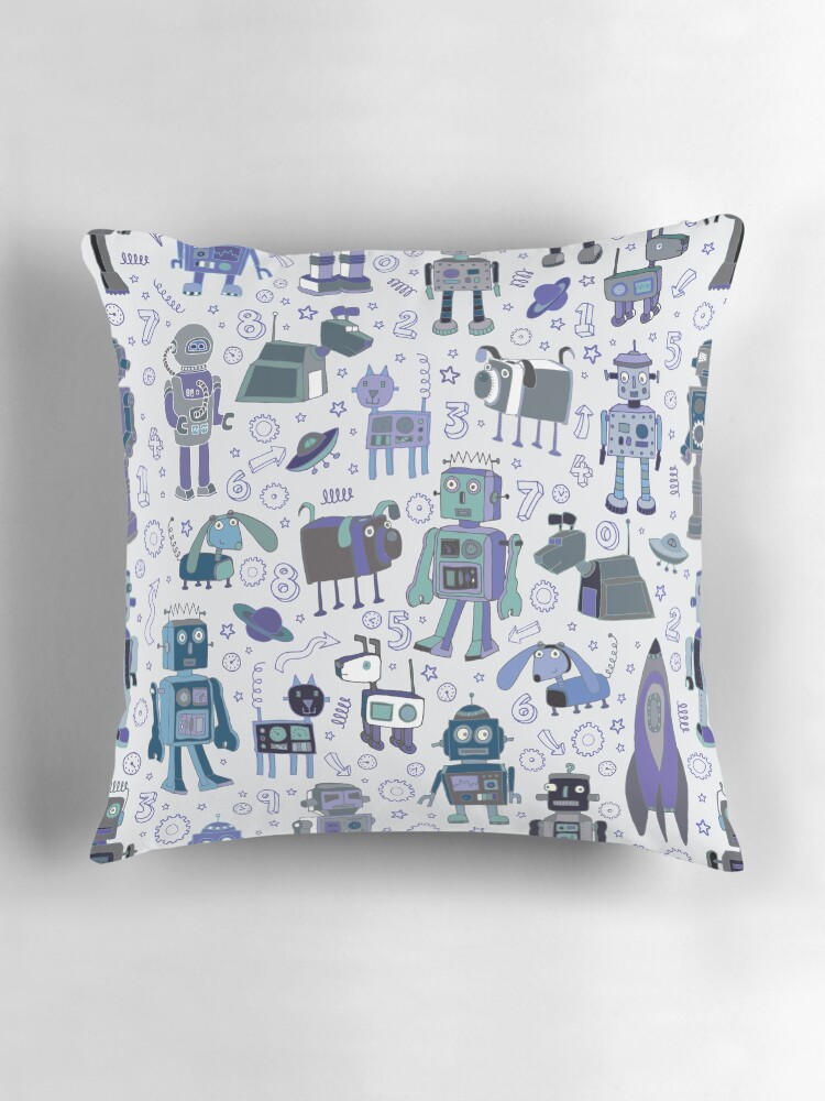 Thumbnail 3 of 4, Pillow, Robots in Space - blue and grey - fun pattern by a Cecca Designs designed and sold by Cecca-Designs.