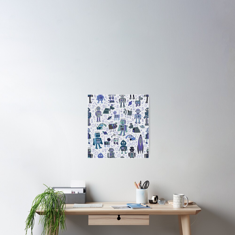 Robots in Space - blue and grey - fun pattern by a Cecca Designs Poster