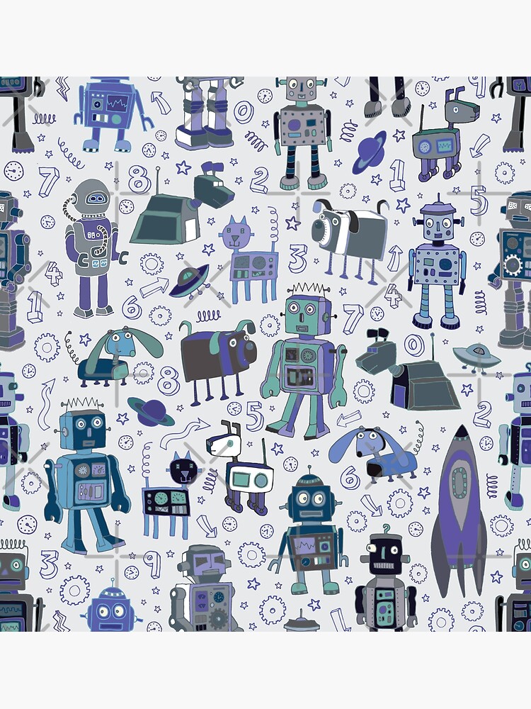 Robots in Space - blue and grey - fun pattern by a Cecca Designs by Cecca-Designs