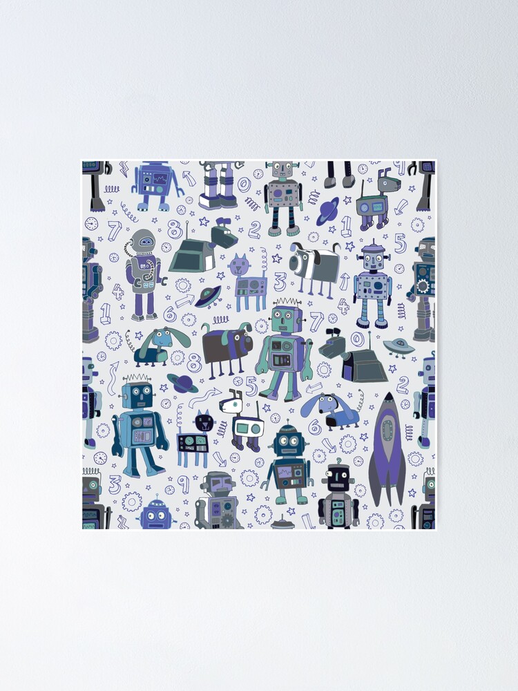 Alternate view of Robots in Space - blue and grey - fun pattern by a Cecca Designs Poster