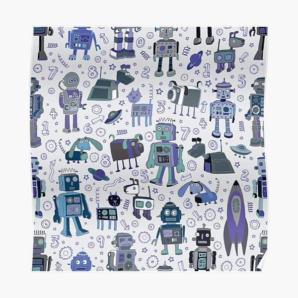Robots in Space - blue and grey - fun pattern by a Cecca Designs Poster