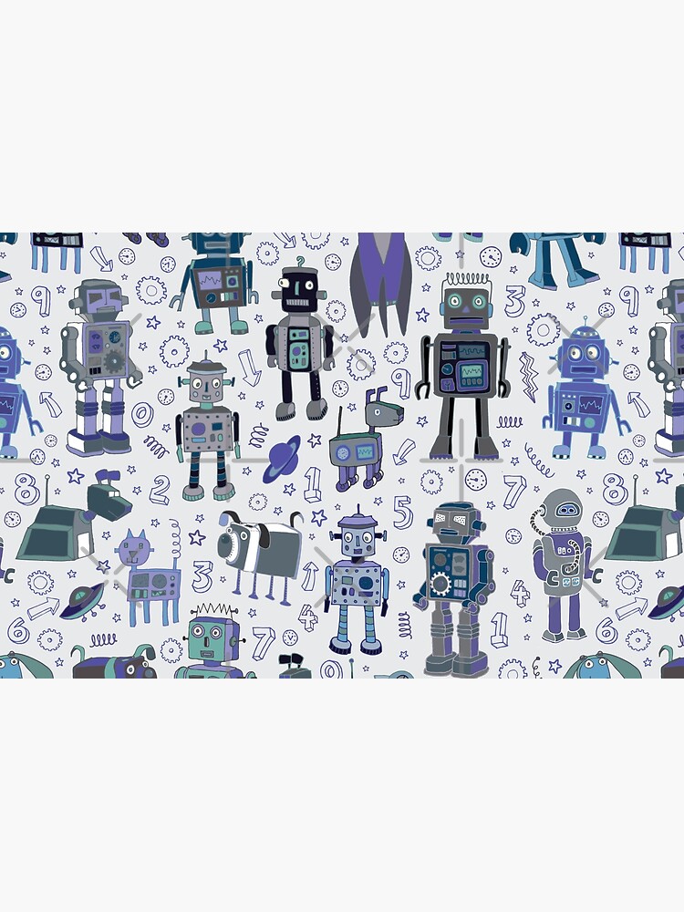 Robots in Space - blue and grey - fun pattern by a Cecca Designs by Cecca-Designs