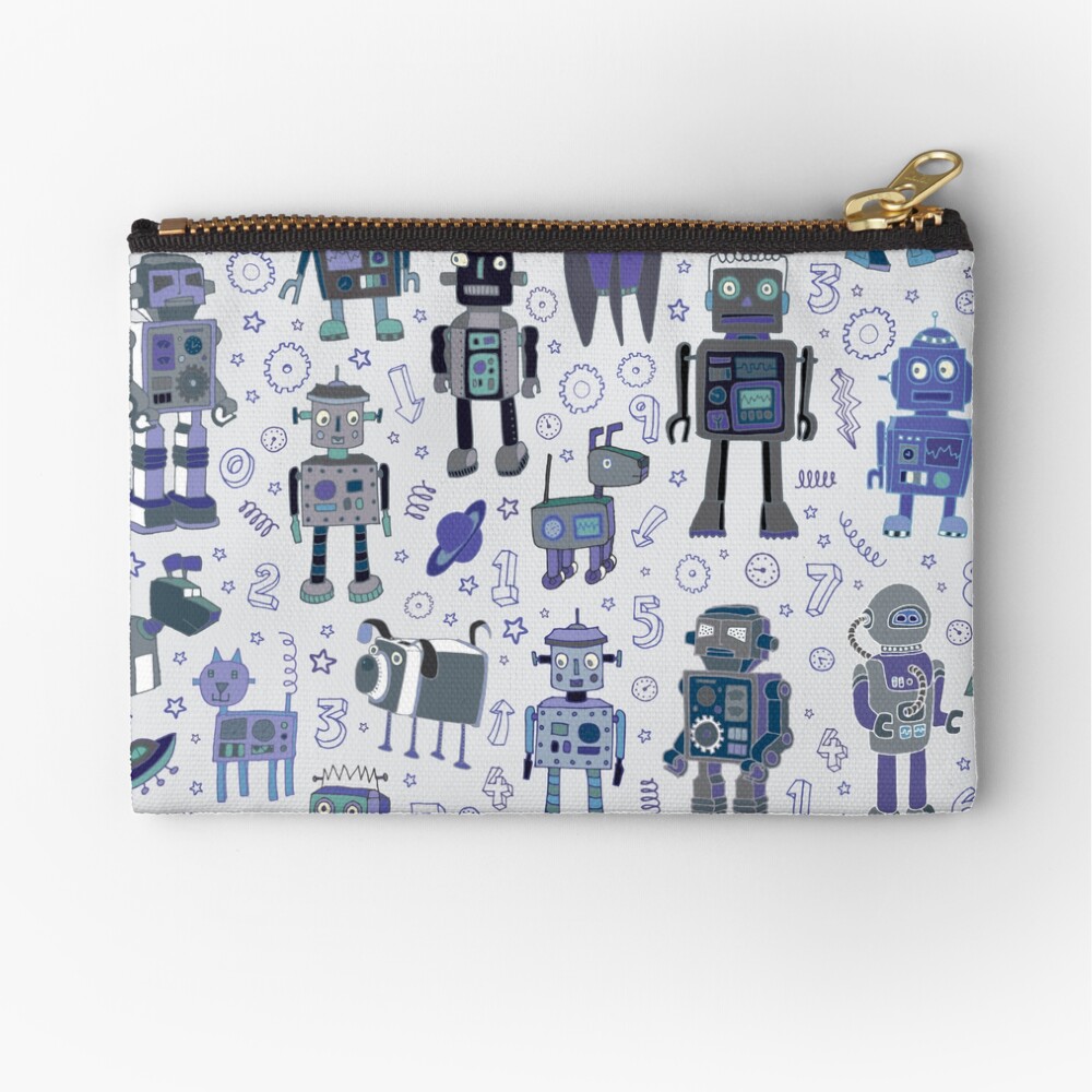 Robots in Space - blue and grey - fun pattern by a Cecca Designs Zipper Pouch