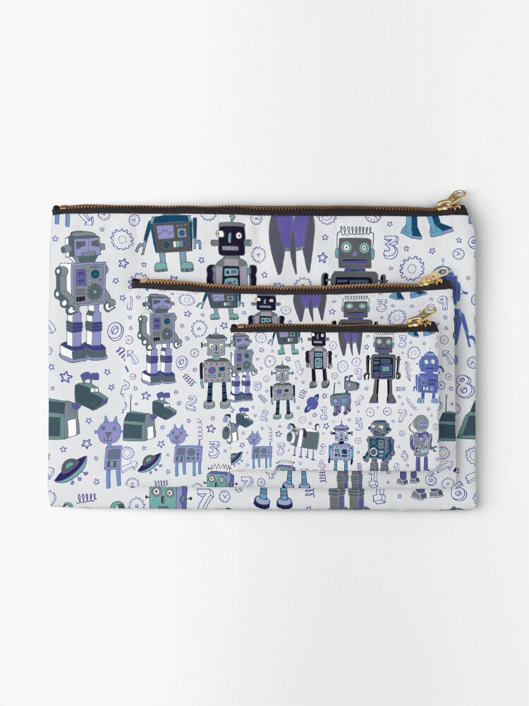 Alternate view of Robots in Space - blue and grey - fun pattern by a Cecca Designs Zipper Pouch