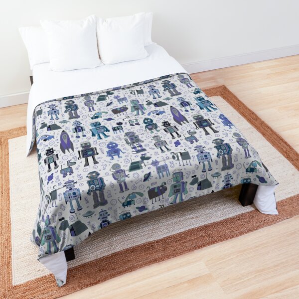 Robots in Space - blue and grey - fun pattern by a Cecca Designs Comforter
