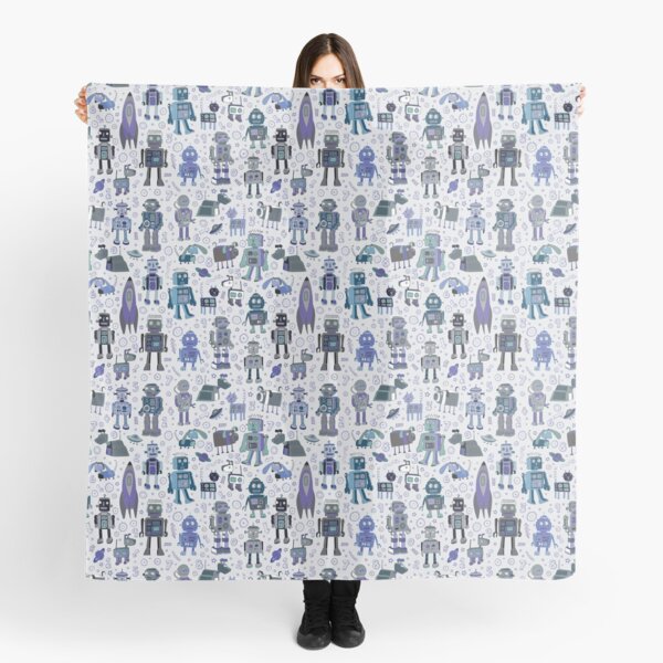 Robots in Space - blue and grey - fun pattern by a Cecca Designs Scarf