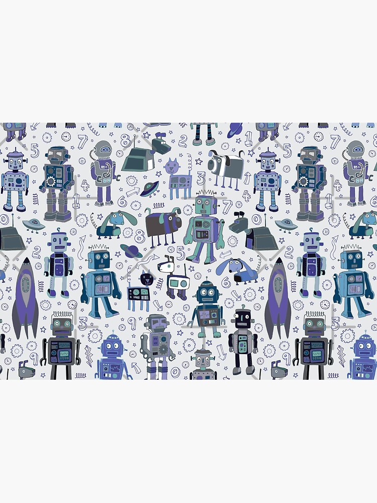 Robots in Space - blue and grey - fun pattern by a Cecca Designs by Cecca-Designs