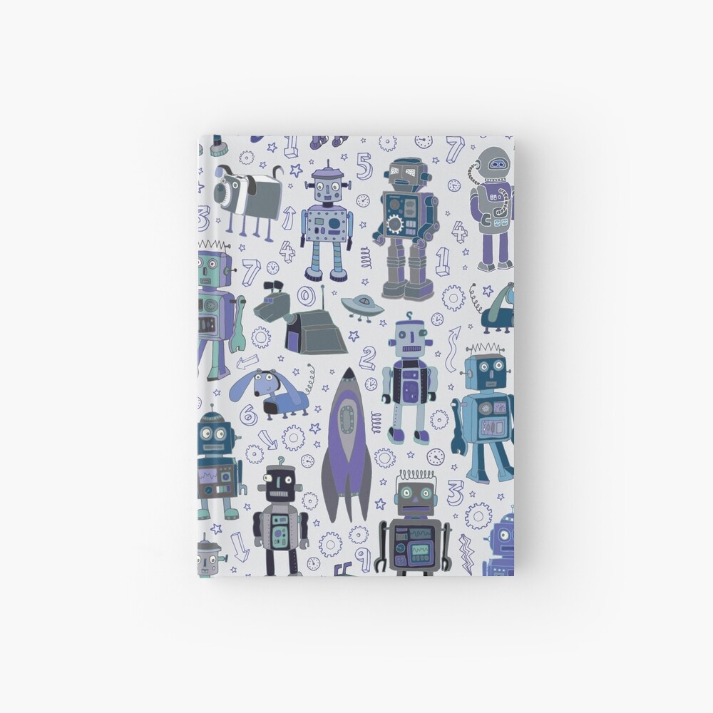 Robots in Space - blue and grey - fun pattern by a Cecca Designs Hardcover Journal