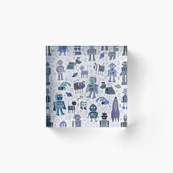 Robots in Space - blue and grey - fun pattern by a Cecca Designs Acrylic Block