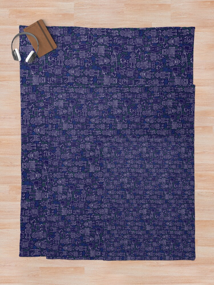 Thumbnail 5 of 6, Throw Blanket, Robot Pattern - Navy - fun pattern by Cecca Designs designed and sold by Cecca-Designs.