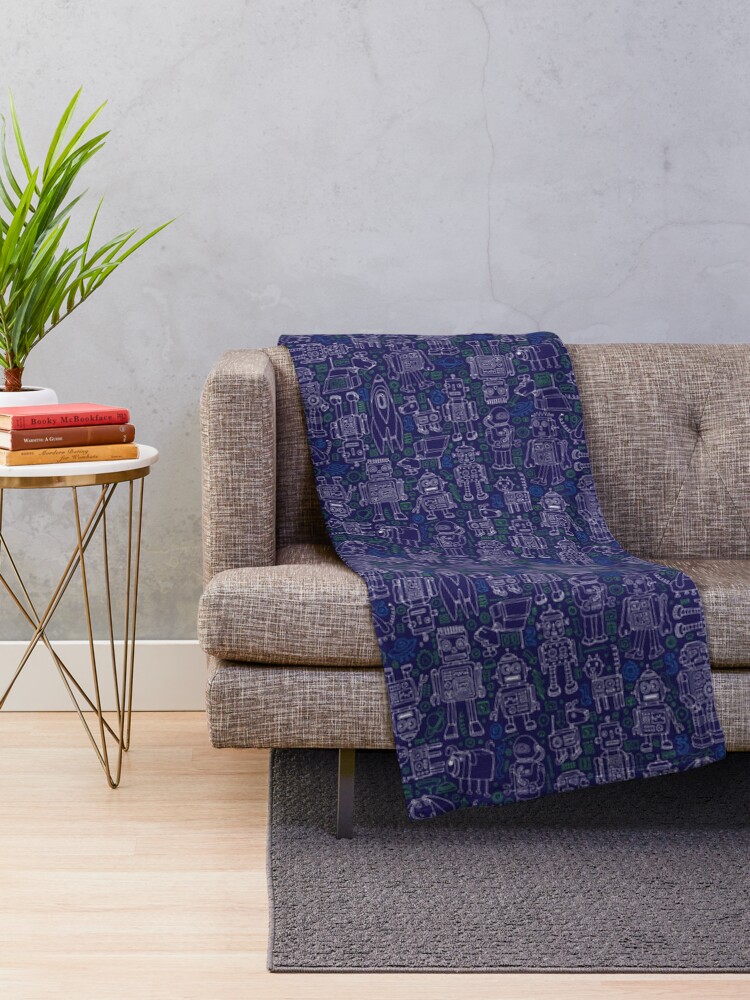 Thumbnail 2 of 6, Throw Blanket, Robot Pattern - Navy - fun pattern by Cecca Designs designed and sold by Cecca-Designs.