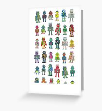 Robot Line-up on White - fun pattern by Cecca Designs Greeting Card