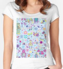 Electric Dreams - fun floral robot pattern by Cecca Designs Women's Fitted Scoop T-Shirt