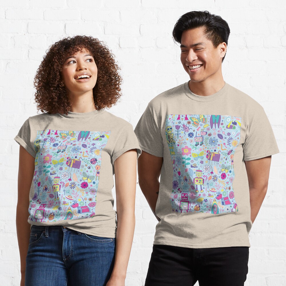 Electric Dreams - fun floral robot pattern by Cecca Designs Classic T-Shirt