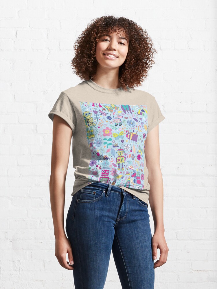 Alternate view of Electric Dreams - fun floral robot pattern by Cecca Designs Classic T-Shirt