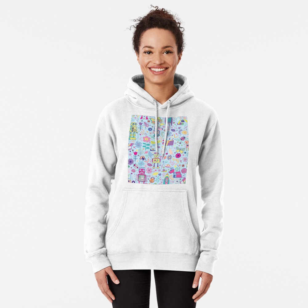 Electric Dreams - fun floral robot pattern by Cecca Designs Pullover Hoodie