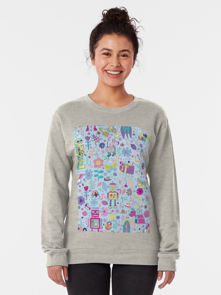 Alternate view of Electric Dreams - fun floral robot pattern by Cecca Designs Pullover Sweatshirt