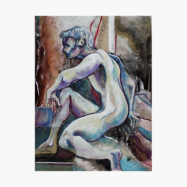 Artikelvorschau, Seated Male Nude in Blues (Mixed Media Drawing)- entworfen und verkauft von Robert Dye.
