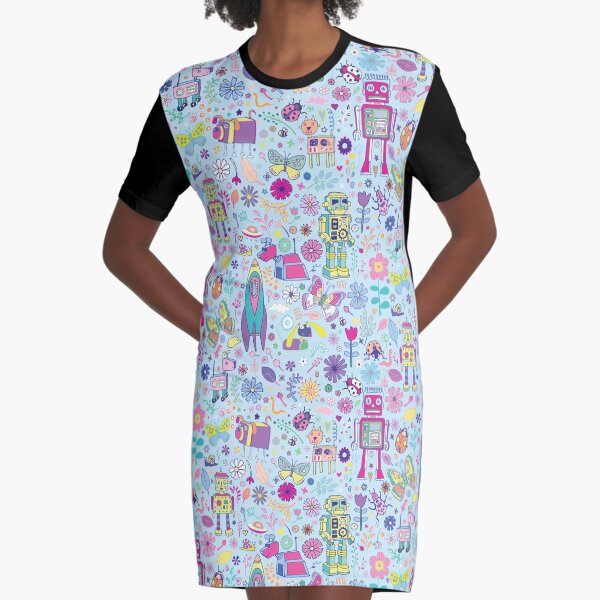 Electric Dreams - fun floral robot pattern by Cecca Designs Graphic T-Shirt Dress