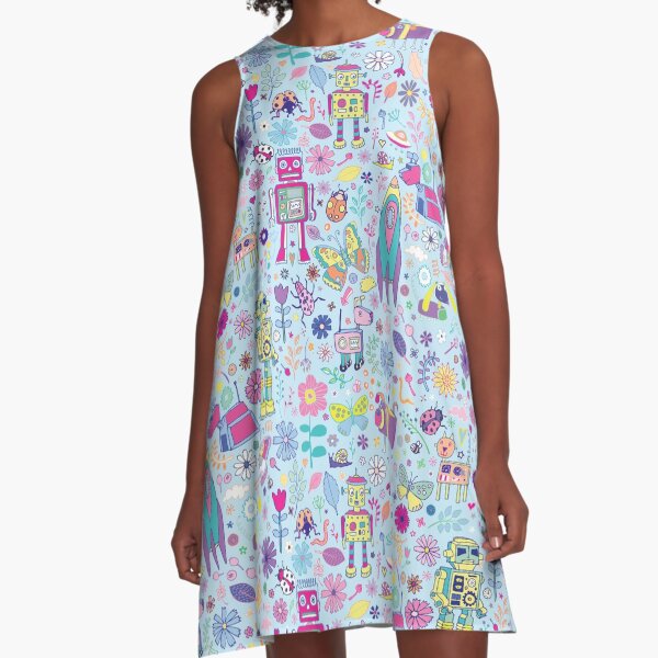 Electric Dreams - fun floral robot pattern by Cecca Designs A-Line Dress