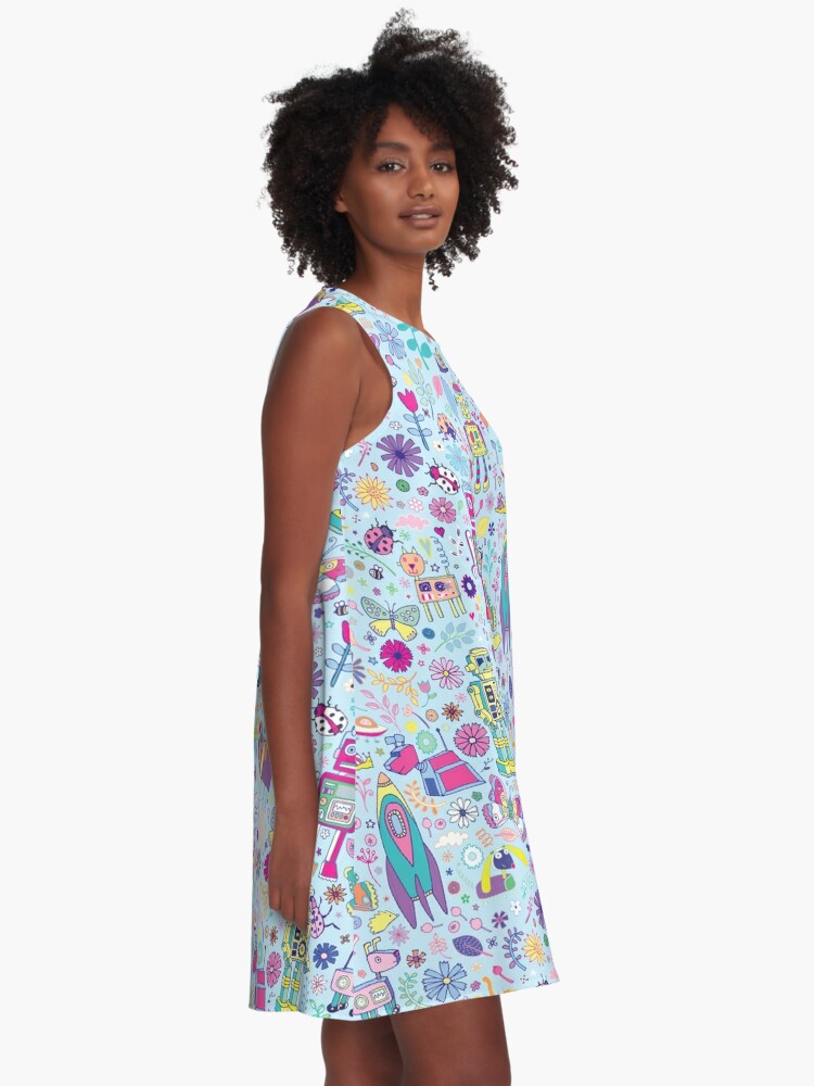 Alternate view of Electric Dreams - fun floral robot pattern by Cecca Designs A-Line Dress