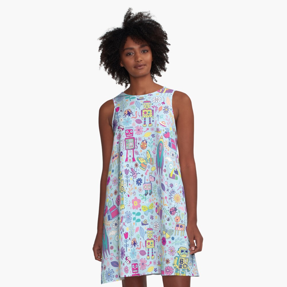 Electric Dreams - fun floral robot pattern by Cecca Designs A-Line Dress