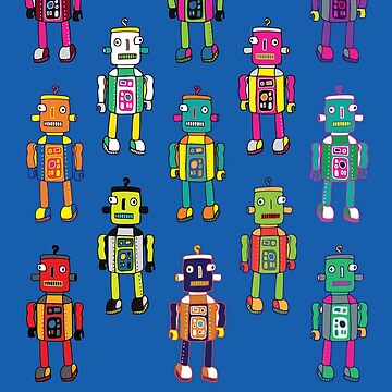 Artwork thumbnail, GoggleBots - robot pattern on Blue by Cecca Designs by Cecca-Designs