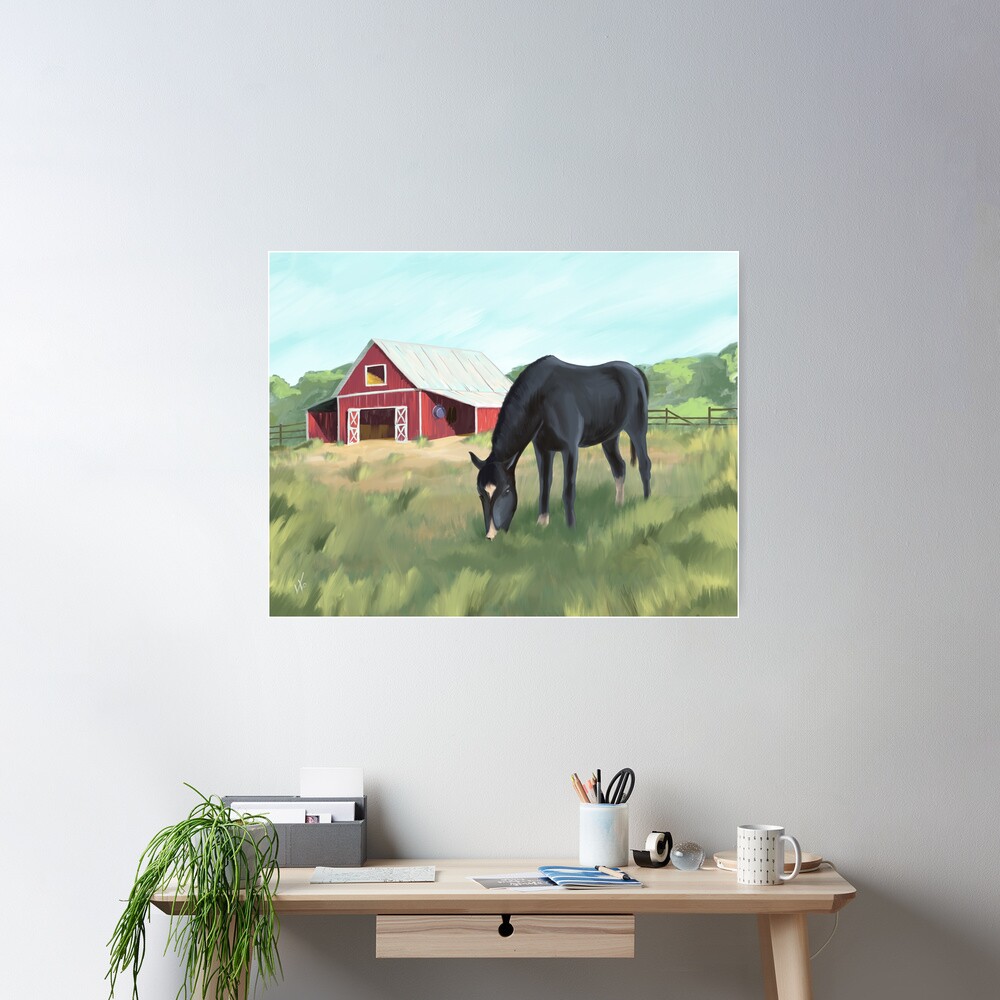 Horse grazing pasture by barn Poster