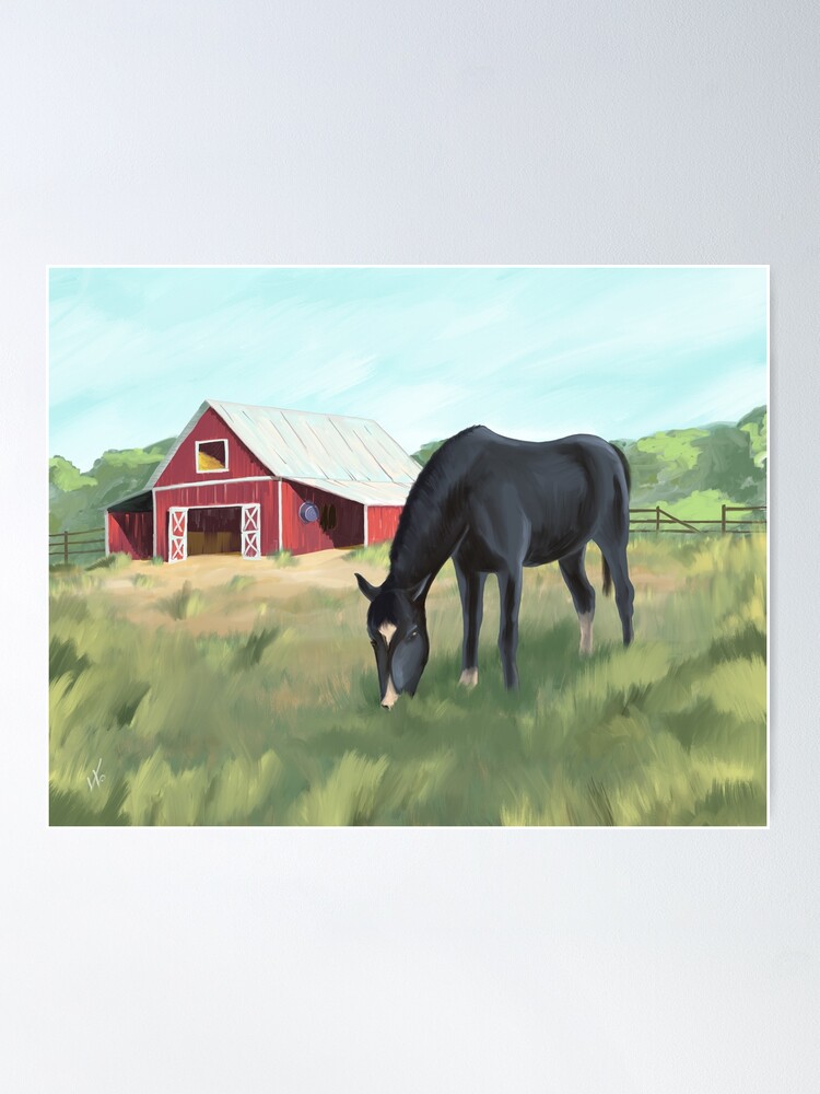 Alternate view of Horse grazing pasture by barn Poster